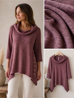 LEO & NICOLE | Mauve Cowl Neck Button-Accent Tunic Sweater